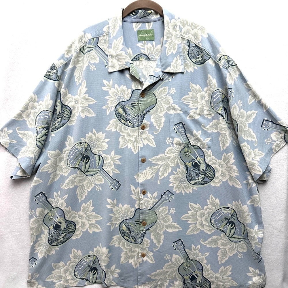 Tommy Bahama 3XB Silk Ukulele Hibiscus Floral Camp Shirt Textured Blue